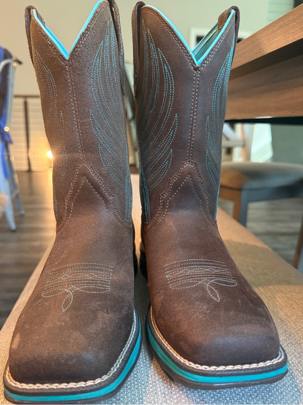 Ariat Brown Suede Lace-Up Western Boots with Turquoise Trim